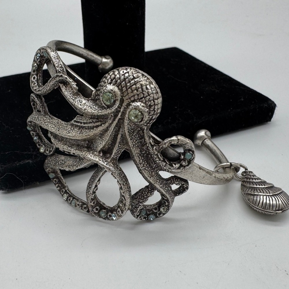 DeMarco Octopus Cuff Bracelet Silver Tone Rhinestone Nautical Seashell Charm